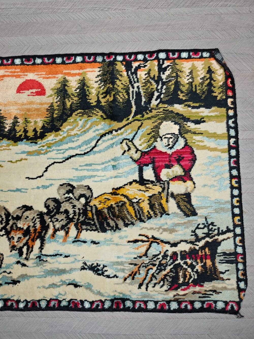 Vintage 70s Tapestry Belgium Santa Dog Sled Velvet Carpet Wall Decor Lodgecore - Picture 4 of 9